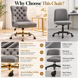 Gray Velvet Vanity Chair with Wheels, Armless Home Office Desk Chairs