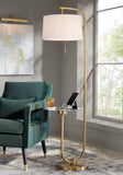 Possini Euro Design Volta Mid Century Modern Arched Floor Lamp with USB Charging Port Glass Tray Table 66" Tall Antique Brass Gold Metal White Linen Drum Shade Living Room Reading House Bedroom
