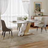 POVISON 63" Hobart Modern Dining Table for 4, Glossy Sintered Stone Dining Tabletop with White and Gold U-Shape Carbon Steel Pedestal, 63 inch Rectangle Dining Room Table (Table only)
