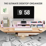 OPNICE Desk Organizers and Accessories, Dual Monitor Stand Riser with Drawer and 2 Pen Holders, Desk Shelf Computer Racks & Printer Stand for Office Workspace Organizers, Desktop Organization (Pink)
