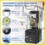 CRANDDI Quiet Commercial Blender with Soundproof Shield, 2200 Watt Professional Blenders for Kitchen, Grey