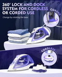 OMAIGA Cordless Steam Iron for Clothes, 1550W 2-in-1 Cordless and Corded Iron with Rapid Heat, Ceramic Soleplate, 3-Way Auto-Off, 12.85 oz Water Tank, Lavender
