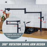 Pot Filler Faucet for Kitchen Sink, Deck Mount Pot Faucets Over Stove, Solid Brass Folding Pot Filler, Matte Black Kitchen Faucet with Double Joint Swing Arms