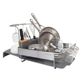 KitchenAid Compact to Full Size Expandable, Rust Resistant Satin Coated Dish Rack with Angled Self Draining Drain Board and Removable Flatware Caddy, 24-Inch, Charcoal