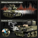 DBshoot 1/18 M4A3 Sherman RC Tank, Smoke, LED Light, Sound, 15 Channel Remote Control Tank, Army Toys with Recoil Force, 60 Minutes Playing Times, Excellent Gift for Kids and Adults Collectors.