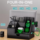 Black PU Leather Multi-Device Charging Station with Drawer - 6-in-1 Desktop Organizer for Phone, iPad, Tablet, Laptop, Watch, Headphones - Electronics Docking Hub & Storage Box for Office Home (Black)