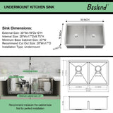 Beslend 30 Undermount Kitchen Sink - 30x19 Double Bowl Kitchen Sinks Workstation 16 Gauge Stainless Steel Sink Low Divide Double Basin 50/50