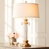Vienna Full Spectrum Rolland Traditional Table Lamps 30" Tall Set of 2 Clear Glass Column Antique Brass Gold Off-White Fabric Drum Shade for Bedroom Living Family Room Bedside Nightstand House Home