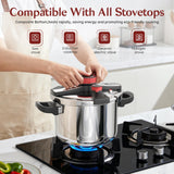 BreeRainz 304 Stainless Steel Pressure Cooker 8.45QT, 3-Stage PSI Settings, One-Hand Locking,Explosion-Proof Pot w/Extra Glass Lid, Timer, Steaming Rack(Induction Compatible Olla de Presion)