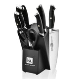 Klaus Meyer 8-Piece Kitchen Knife Set, German High Carbon Steel Pakka Wood Handle Chef Knife Set With Block, Ultra Sharp With Scissors, Sharpener Rod.