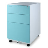 File Cabinet 3-Drawer Metal with Lock Key Sliding Drawer, White/Aqua Blue, Fully Assembled