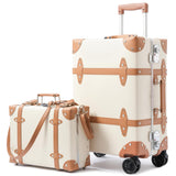 universal trotter Vintage PU Leather Luggage Set, Retro Trunk Suitcase with Wide Aluminum Frame, TSA Key Locks and Smooth 360° Spinner Wheels (Natural Tan Trim,20"+12")
