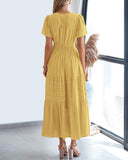 BTFBM Womens Summer 2026 Casual Midi Maxi Dresses Lightweight Short Sleeve V Neck Elastic Waist Boho Beach Dress Pockets(Yellow, Medium)