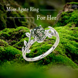 Oseew Natural Moss Agate Ring for Women 10K/14K/18K Solid Gold/Sterling Silve Round Cut Green Moss Agate Engagement Ring Personalized Wedding Promise Ring for Women(Silver)