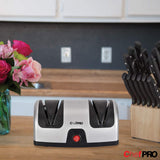 ELECTRIC KITCHEN KNIFE SHARPENER AND POLISHING SYSTEM by CHEF PRO, 2-Stage Sharpening, Compact And Easy-to-Use Design, Suction Cup Bottom and Easy Cleaning, Black-Silver