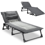 Mopaicot Folding Camping Cot for Adults, Adjustable 4-Position Reclining Chair with Mattress and Pillow, Lounge Chair Camp Cots Bed for Sleeping, Travel, Garden, Pool, or Office Nap (Gray)