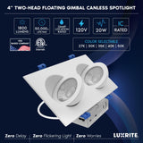 LUXRITE 4-Inch 2-Head Floating Gimbal LED Recessed Spotlight, Adjustable 360° Rotation & 90° Tilt, Directional Recessed Light, 5CCT 2700K-5000K, CRI90, 20W, 1800LM, Dimmable, Square, IC & ETL (6 Pack)