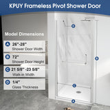 KPUY Pivot Shower Door, 26-28" W x 72" H Frameless Single Swing Glass Shower Door with Explosion-Proof Film Nano Coating, 1/4" (6mm) Thick Tempered Clear Glass, Brushed Nickel