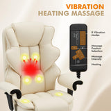 HOMREST 6-Point Massage Executive Chair,Heat Office Chair,Ergonomic Home Office Desk Chairs with Retractable Footrest and Reclining Function,Leather Computer Chair with Adjustable Armrest(‌Off White)