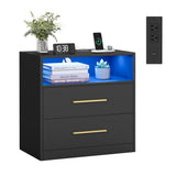 VASAGLE Custos Collection - 23.6 Inch Wide Nightstand with Charging Station, LED Lights, Modern Night Stand, Side End Table with Drawers, Open Shelf, 2 AC Outlets USB Ports, Ink Black