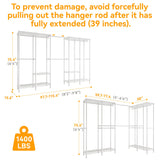 Higeego H5 Pro Heavy Duty Clothes Rack Wardrobe Closet for Hanging Clothes, Freestanding Garment Rack with Expandable Hanger Rods, Closet Organizer and Storage, (97.7-115.4")L x 15.7"W x 75.4"H, White