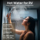 TURBRO Rotorua RV Tankless Water Heater 65,000 BTU, On-Demand Propane Hot Water with Shower Head, 12V DC, High-Altitude Ready, Intelligent Constant Temperature, CSA Certified, for Whole Family Use