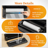 Vacuum Sealer Machine with UV-C Light, Includes Mason Jar Sealer Kit and 2 Bag Rolls, Digital Display & Built-in Cutter, Fully Automatic Dry & Moist Modes, Compact for Food Storage and Sous Vide