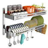 SHENJIA Wall Mounted Dish Drying Rack, 2-Tier Stainless Steel Hanging Dish Drainer with Chopsticks Knife Holder Drainboard, Kitchen Supplies Plates Bowls Cups Storage Shelf (23.6x11.8x19.7in)