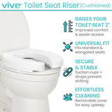 Vive Toilet Seat Riser Cushion for Seniors - Universal Fit - Raised Toilet Seat with High-Density Foam for Elongated & Standard - Firm Handle, Cushioned & Padded - Elevated Medical Handicap Lifter