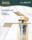 KUZOR Gold Waterfall Bathroom Sink Faucet, Brushed Gold Finish, Single Handle, 1 or 3 Hole Installation, Metal Pop Up Drain, 23.6-inch Hoses, 3/8 Inch Compression Threads
