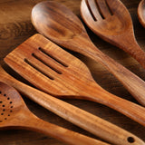 Wooden Kitchen Cooking Utensils Set, NAYAHOSE 7 Pcs Natural Teak Wooden Spoons and Spatulas for Non-stick Pan