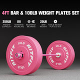 RitFit Barbell Weight Set - 4/6FT Olympic Barbell with Weight Plates (55-115LB Total) - Weightlifting Equipment for Squats, Curls, Deadlifts, Presses, Hip Thrusts 4FT Pink Bar with 100LB Pink Plates