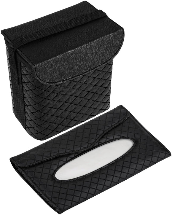 BELINOUS Refined Leather Car Trash Can with Matching Tissue Holder, Waterproof and Leakproof Car Trash Bin, Car Garbage Can with Adjustable Strap BELINOUS