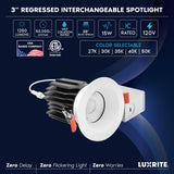 LUXRITE 3 Inch LED Regressed Canless Spotlight + Round White Interchangeable Trim, 5CCT 2700K-5000K, Twist N' Lock, Recessed Lighting, 15W, 1250LM, CRI90, Dimmable, 38° Beam, IC & Wet Rated (6 Pack)