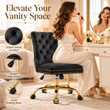 Black Velvet Vanity Chair with Wheels, Armless Home Office Desk Chairs