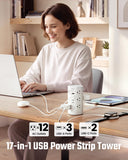20Ft Tower Power Strip, Long Extension Cord, Flat Plug, 1700J, 12 AC 5 USB