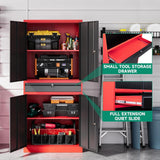 Metal Garage Storage Cabinet with Drawer,4 Door Tool Cabinet with Adjustable Shelves for Garage Home Office Utility Room (Red)
