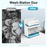 dunghLin 2 Tier Dish Drying Rack with Lid Cover, Drying Rack Storage Case with Drain Board, Kitchen Countertop Dish Organizer for Plates, Bowls, Spoons, Forks