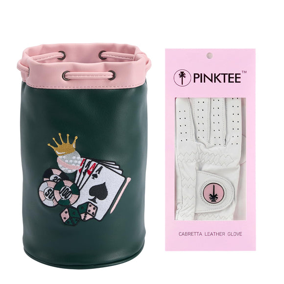 CROWNBLANKS PINKTEE Women Cabretta Leather Golf Gloves with Leather Golf Valuables Pouch, Size 19