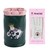 CROWNBLANKS PINKTEE Women Cabretta Leather Golf Gloves with Leather Golf Valuables Pouch, Size 19