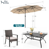 PHI VILLA 7pc Patio Dining Set with 13ft Beige Umbrella, 6 Rattan Chairs