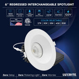 LUXRITE 6 Inch LED Recessed Light, Regressed Spotlight with Round White Interchangeable Trim, 22W, 1800LM, 5CCT 2700K–5000K, 60° Beam, Dimmable, Twist-N-Lock, CRI90, Wet & IC Rated, ETL (4 Pack)