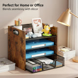 Boershun Desk Organizer - 4 Tier Desktop File Organizer with Drawer, Wooden Paper Tray Organizer, Office Desk Accessories Organizer for Papers, Mail, Notebooks, Stationery