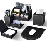 KINGFOM 5PCS Desk Organizer and Accessories Set, Pu Leather Office Supplies with Multifunction Desktop Organizer Storage Box, Tissue Holder, Mouse Pad, Note Paper Holder, Pencil Holder for Desk Black