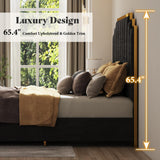 AMERLIFE King Size Upholstered Bed, Modern Velvet Bed Frame with 65.4” Tall Gold Trim Headboard, No Box Spring Needed, Black