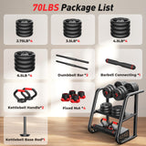 FDS1 Adjustable dumbbell set, 70lbs Free Weights set with upgraded nut, 5 in 1 Weight Set Used as Kettlebells, Barbell, Push up Stand, Fitness Exercise for Home Gym Suitable Men/Women