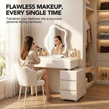 Quvex 23.6" Compact Makeup Vanity Desk with LED Cloud Mirror & Ambient Light, Sintered Stone Top Vanity Table, 4 Drawers, Petal Chair, Extendable & Reversible Dressing Table, Wall-Flush Design, Khaki