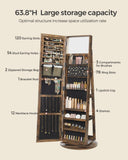 SONGMICS 360° Swivel Jewelry Cabinet, Lockable Jewelry Organizer with Full-Length Mirror, Rear Storage Shelves, Interior Mirror, Jewelry Armoire, Gift Idea, Rustic Brown UJJC006X01