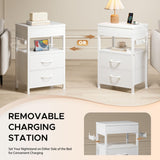 Nightstand Bedside Table Hidden Drawer - Night Stand with Charging Station and Sliding Top Storage, Bed Side Table with 2 Fabric Drawers, Modern Nightstand for Bedroom Dorm Living Room, White