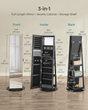 SONGMICS 6 LEDs Lockable Mirror Jewelry Cabinet, 360° Swivel Jewelry Organizer Armoire Standing, Frameless Full-Length Mirror, 3 Storage Shelves, Black Surface, Black Lining UJJC007B01
